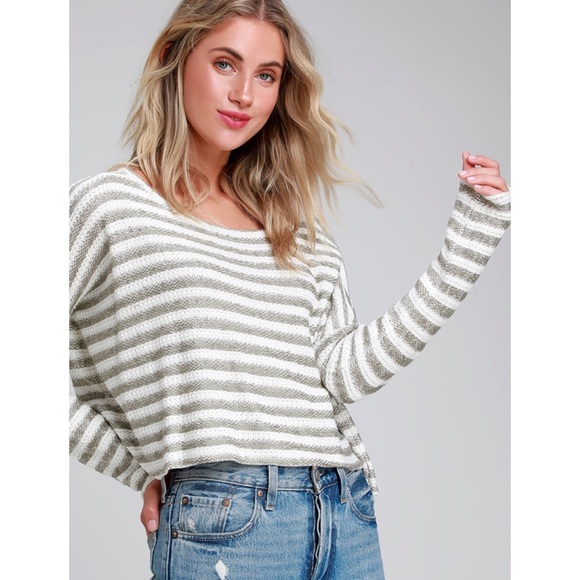 Cropped Stripe Long Sleeve Loose Sweater - Picture 1 of 5